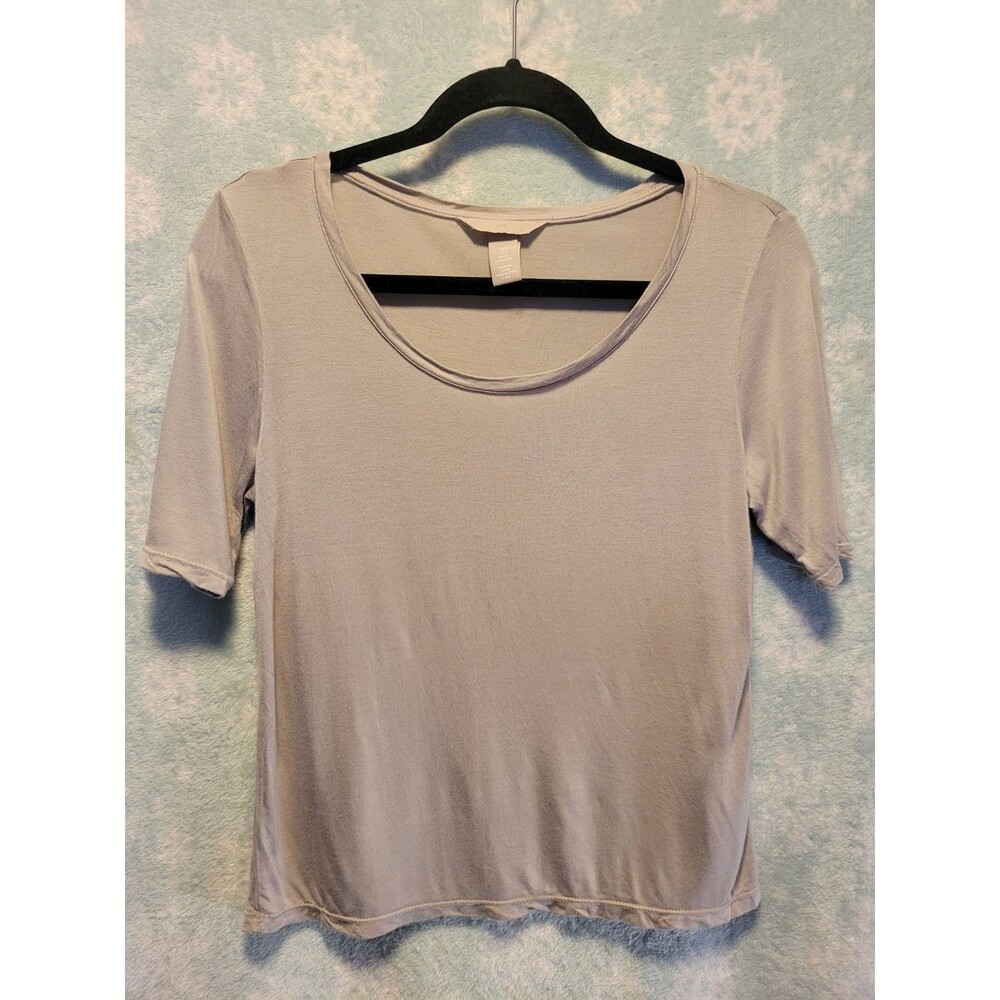 H&M Women Sm Khaki Beige Solid Scoop Neck Short Sleeve Shirt Top Basic Layer